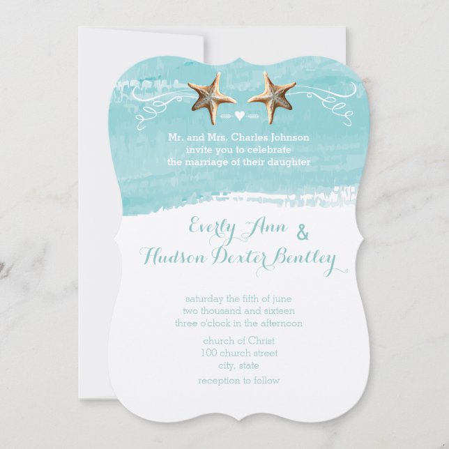 Convite Casamento de Aqua Blue Destination Beach Starfish (Frente)