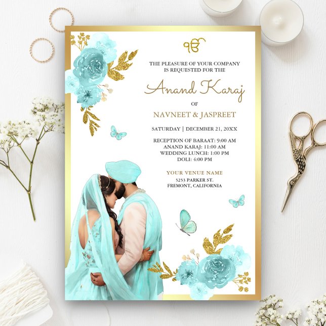 Convite Casamento de Aqua Blue Floral Punjabi Anand Karaj  (Criador carregado)