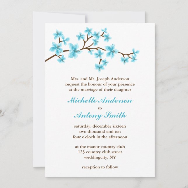 Convite Casamento de Aqua Cherry Blossoms (Frente)