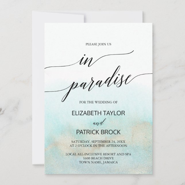 Convite Casamento de Aqua e Dourado Watercolor Beach Parad (Frente)