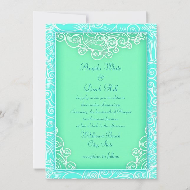 Convite Casamento de Aqua e Mint Waves Green Beach (Frente)