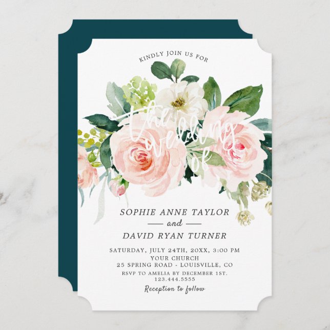 Convite Casamento De Aqua Floral De Marinha Com Blush (Frente/Verso)