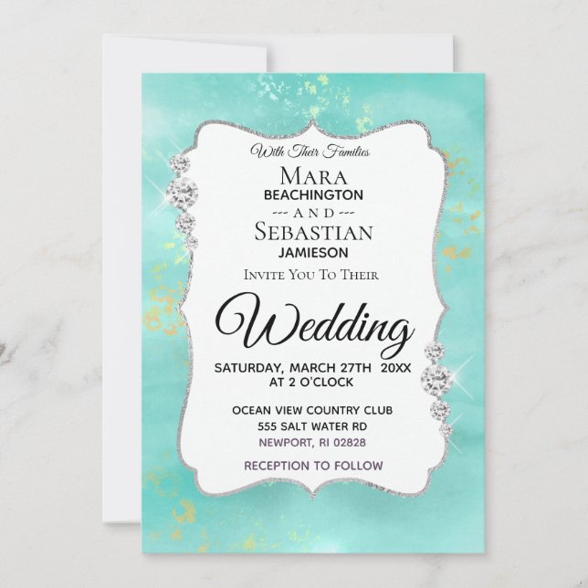Convite *~* Casamento de Aqua Glitter de Diamante de Aqua  (Frente)