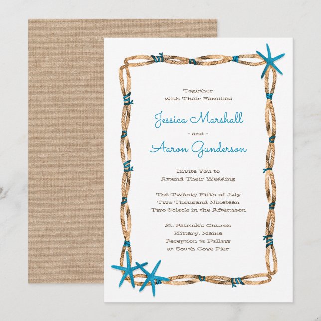 Convite Casamento de Aqua Starfish e Burlap (Frente/Verso)