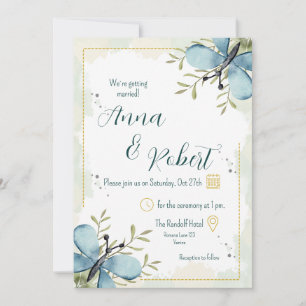 Convite Casamento de Aquarela Azul Claro Borboleta