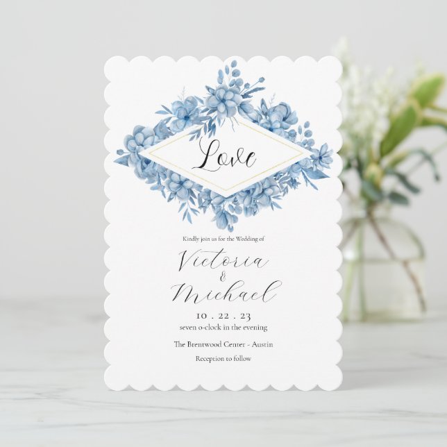 Convite Casamento de Aquarela Azul Floral Elegante (Em pé/Frente)