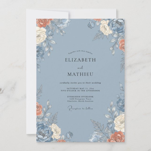 Convite Casamento de Aquarela Botânica Azul Centáurea (Frente)