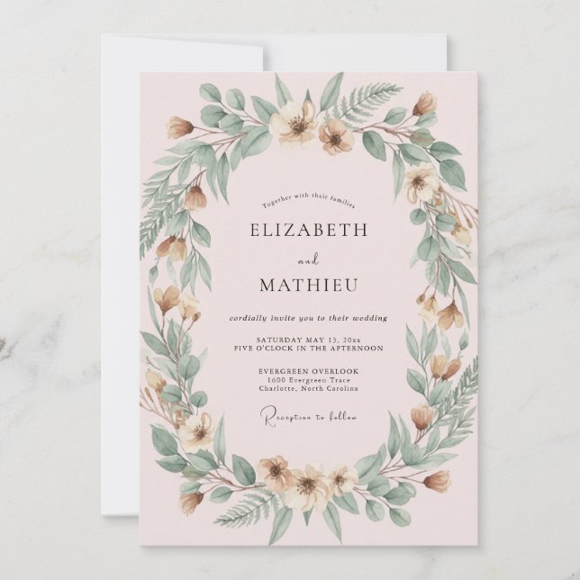 Convite Casamento de Aquarela Botânica Blush Sage (Frente)
