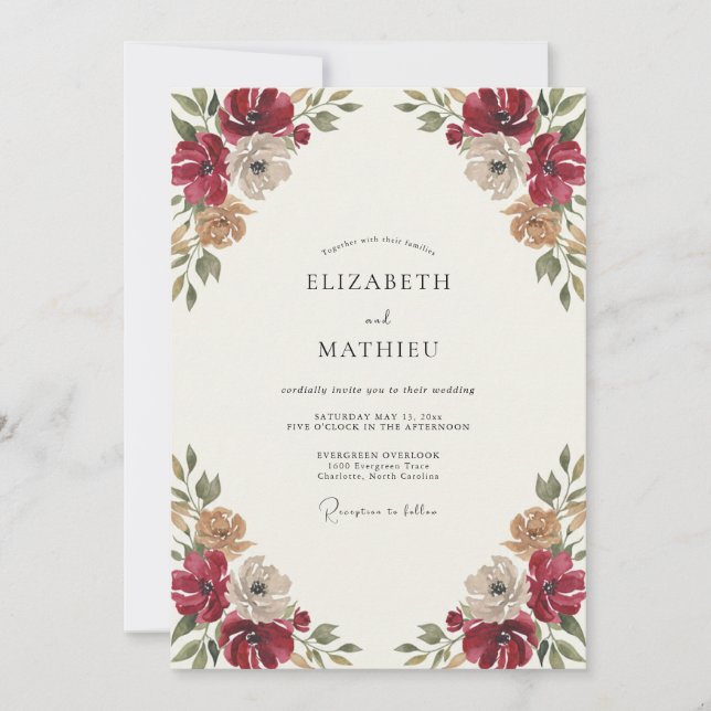 Convite Casamento de Aquarela Botânica Carmesim (Frente)