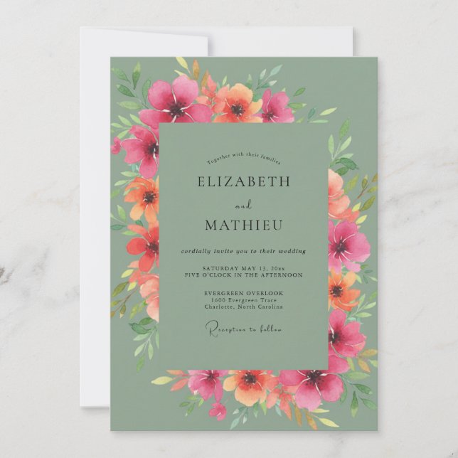 Convite Casamento de Aquarela Botânica com Sage Rosa (Frente)