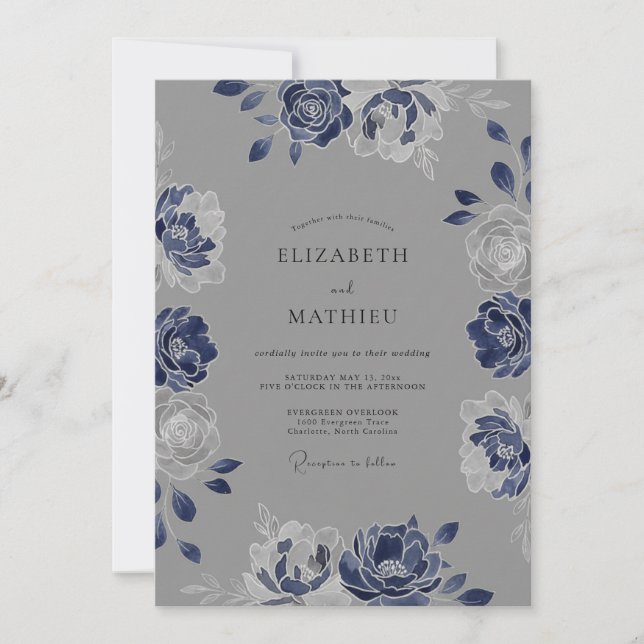 Convite Casamento de Aquarela Botânica em Tons de Índigo e (Frente)