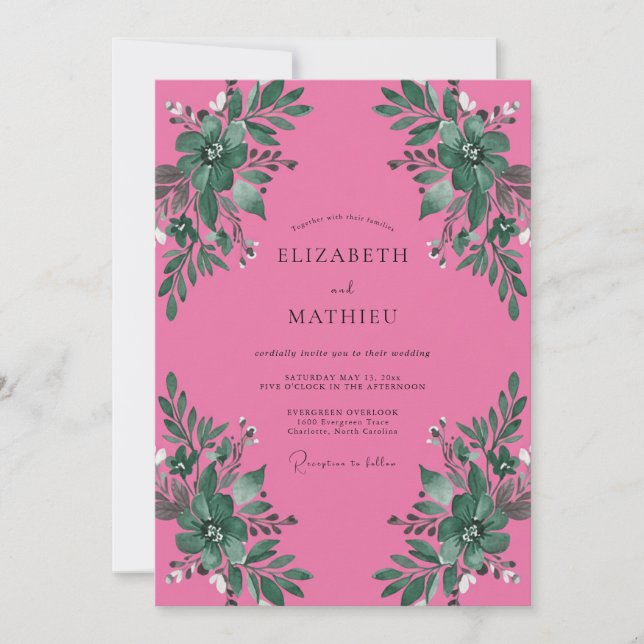 Convite Casamento de Aquarela Botânica Fúcsia (Frente)