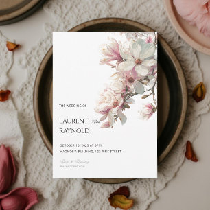 Convite Casamento de Aquarela Botânica Magnólia Rosa Corad