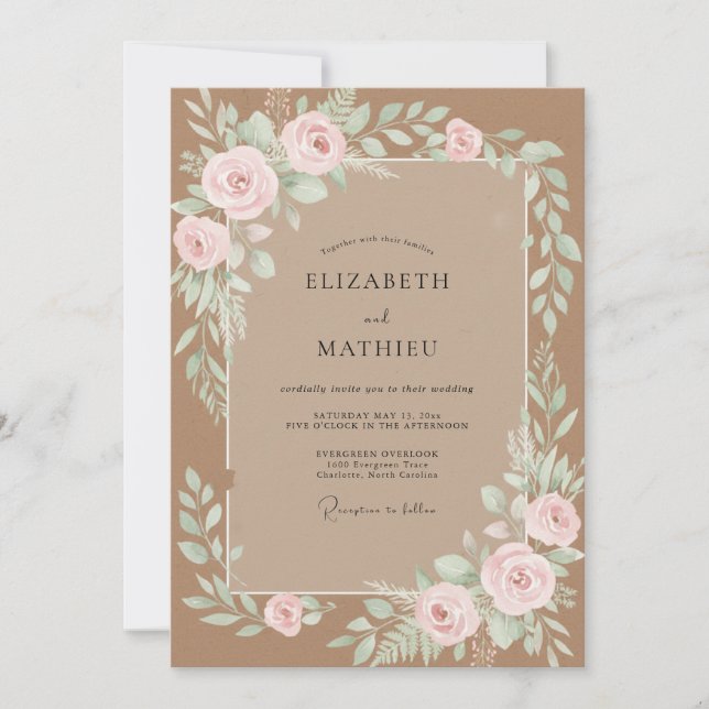 Convite Casamento de Aquarela Botânica Marrom Rubor (Frente)