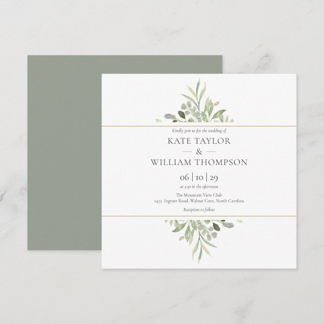 Convite Casamento de Aquarela Botânica Verde  (Frente/Verso)