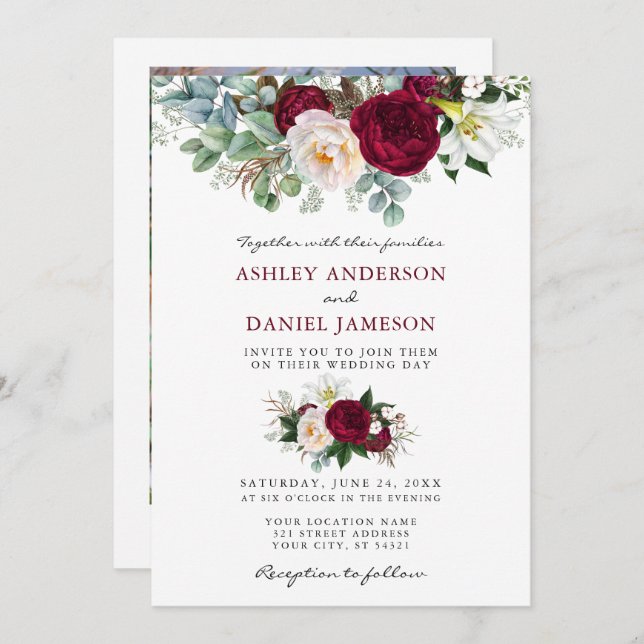 Convite Casamento De Aquarela Burgundy Floral Greenery (Frente/Verso)