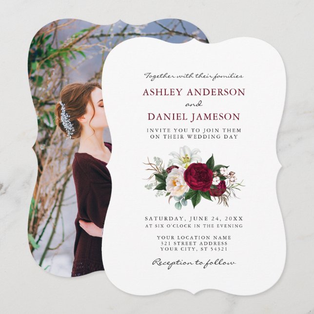 Convite Casamento De Aquarela Burgundy Floral Greenery (Frente/Verso)