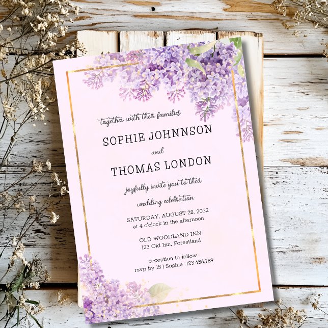 Convite Casamento de aquarela com flores lilás (Criador carregado)