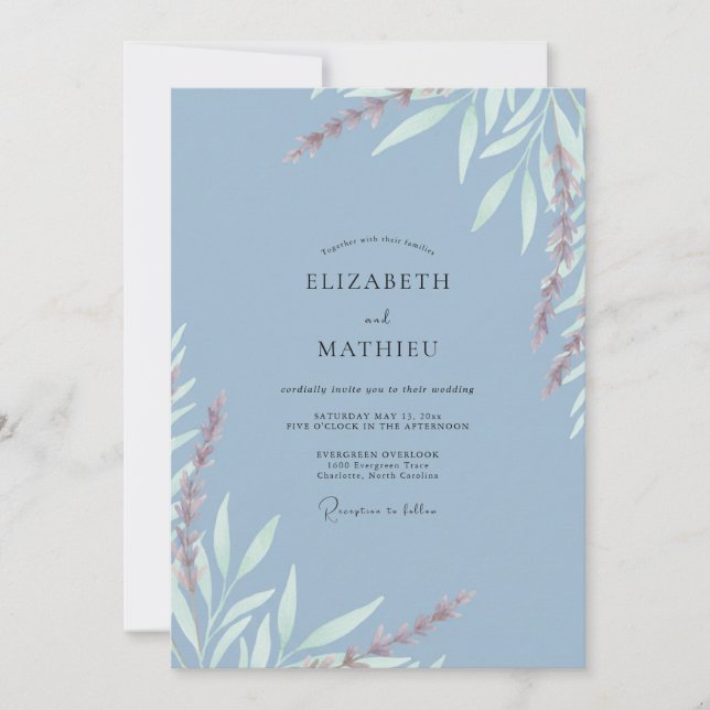 Convite Casamento de Aquarela com Folhas Pintadas em Aço (Frente)