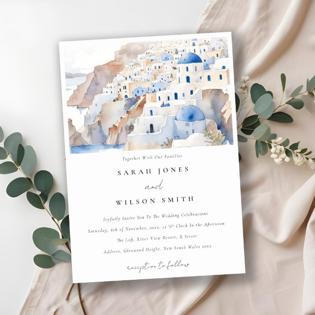 Convite Casamento de Aquarela com Grécia Chic Santorini (Criador carregado)