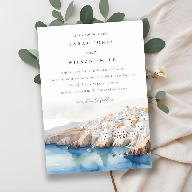 Convite Casamento de Aquarela com Grécia Chic Santorini (Criador carregado)