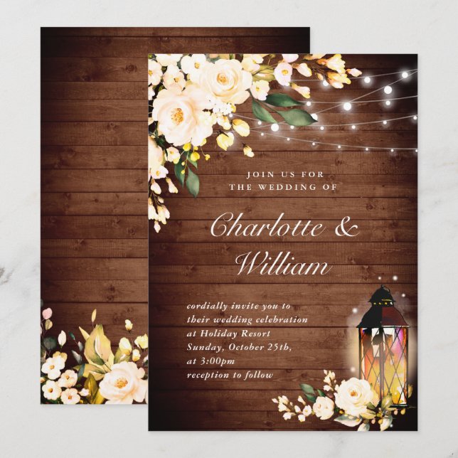 Convite Casamento de Aquarela com Madeira e Rosas Cor-de-R (Frente/Verso)