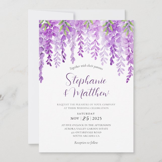 Convite Casamento de Aquarela com Wisteria Floral Roxo (Frente)