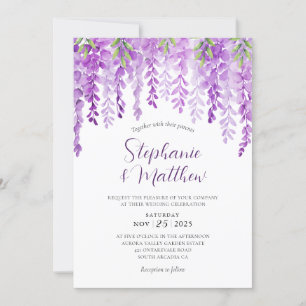 Convite Casamento de Aquarela com Wisteria Floral Roxo