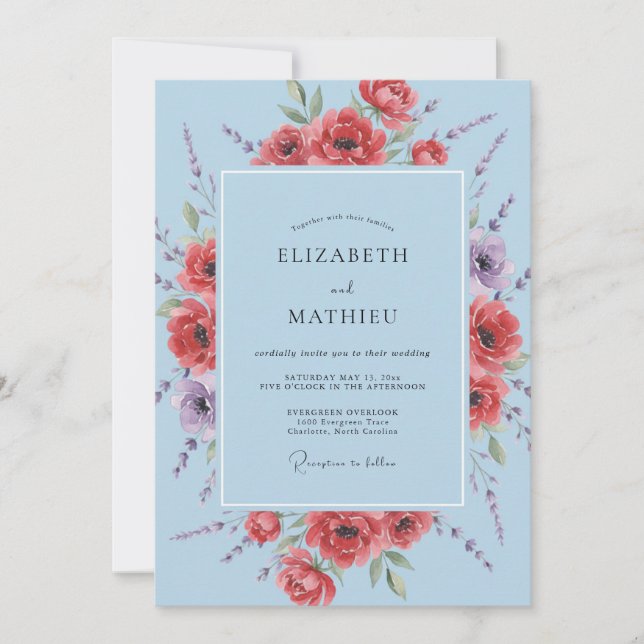 Convite Casamento de Aquarela Coral com Papoula (Frente)