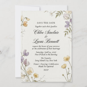 Convite Casamento de Aquarela de Flor Silvestre e Ervilha-