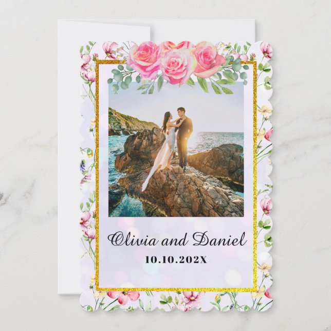 Convite Casamento de Aquarela de Flores Rosa Escamosas Ele (Frente)