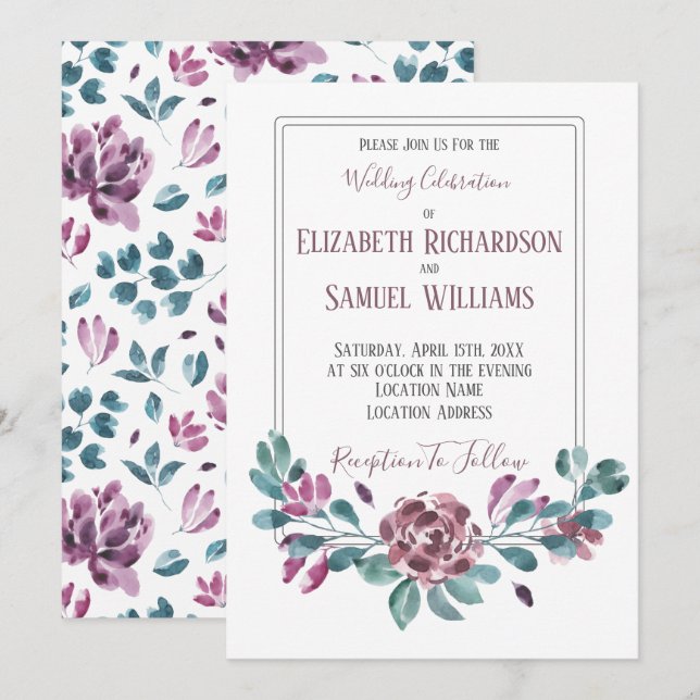Convite Casamento de Aquarela de Peônia Violeta Roxa (Frente/Verso)
