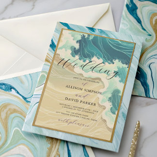 Convite Casamento de Aquarela de Praia no Oceano Costeiro 
