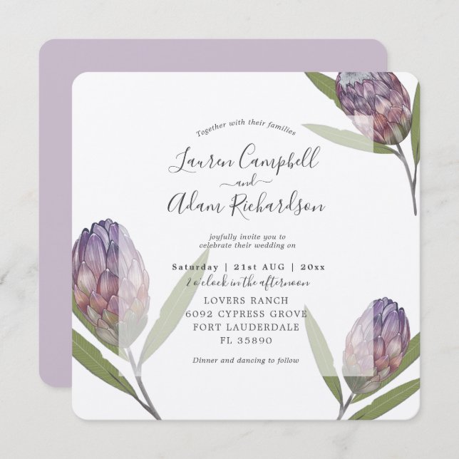 Convite Casamento de Aquarela de Púrpura Proteica Tropical (Frente/Verso)