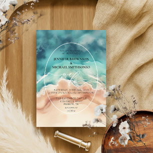Convite Casamento de Aquarela de Verão no Oceano Azul.