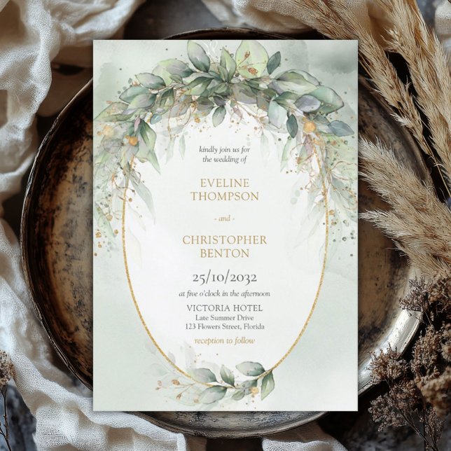 Convite Casamento de aquarela e moldura dourada (watercolor eucalyptus wreath gold frame wedding invitation digital)