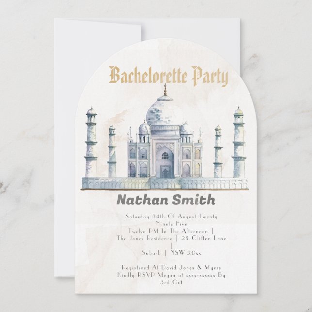 Convite Casamento de Aquarela Elegante Taj Mahal Typology (Frente)