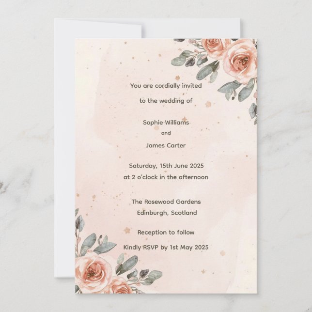 Convite Casamento de Aquarela Floral com Blush Elegante (Frente)