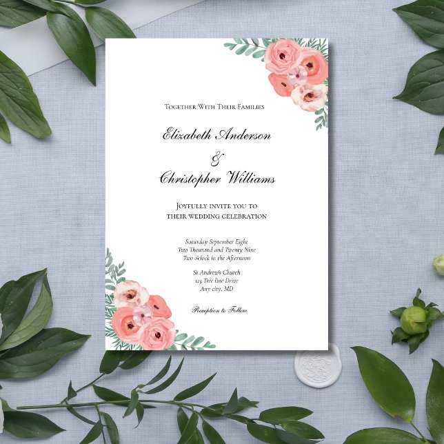 Convite Casamento de Aquarela Floral Cor-de-Rosa-Blush Ele (Blush Pink Floral Greenery Watercolor Wedding invitation. Printed or Instant digital download)