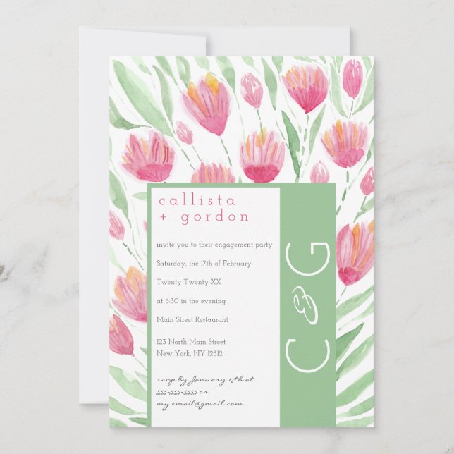 Convite Casamento De Aquarela Floral De Tulipas Verdes Ros (Frente)