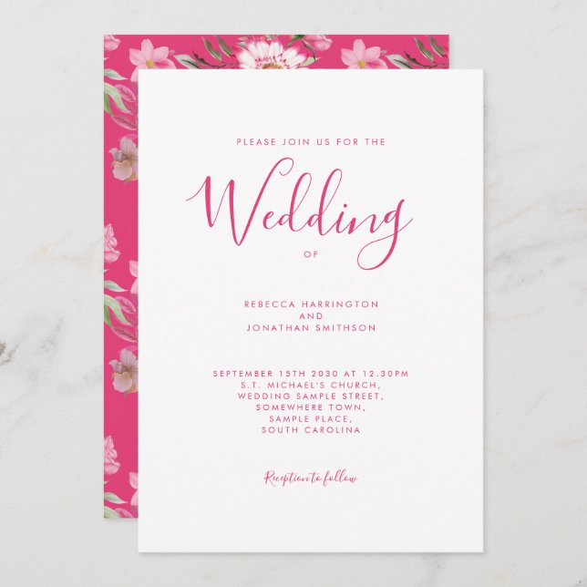 Convite Casamento de Aquarela Floral Elegante Rosa Quente (Frente/Verso)