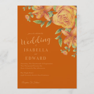 Convite Casamento de Aquarela Floral Laranja Queimada