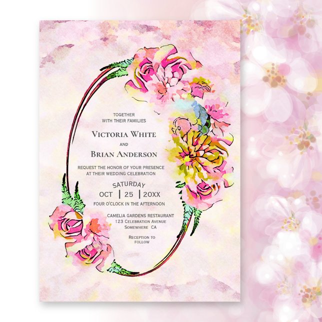 Convite Casamento de Aquarela Floral Rosa Russo (Criador carregado)