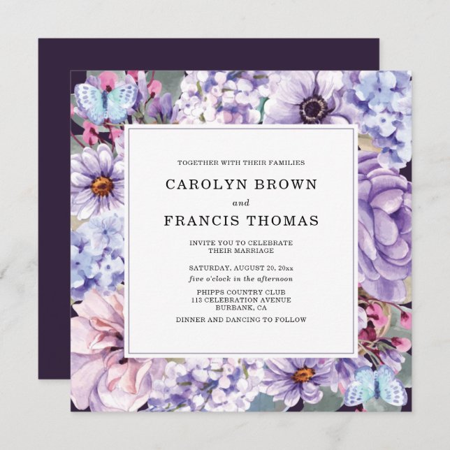 Convite Casamento de Aquarela Floral Roxo Elegante (Frente/Verso)