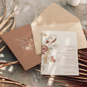 Convite Casamento de Aquarela Floral Terracota Flor Silves