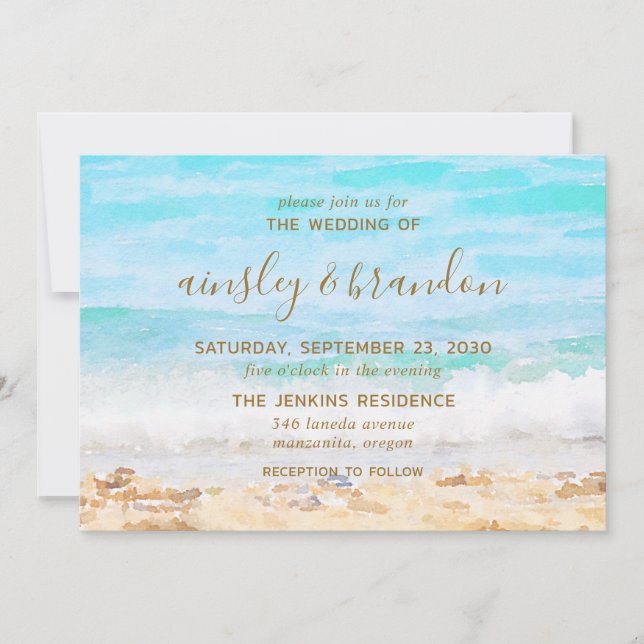 Convite Casamento de Aquarela na Praia (Frente)