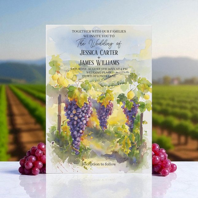 Convite Casamento de Aquarela Rústica com Limões Uvas Vinh (Criador carregado)