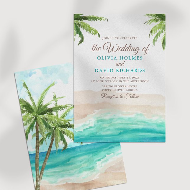 Convite Casamento de Aquarela Tropical Beach e Palm Trees (Watercolor Tropical Beach and Palm Trees Wedding Invitation on a white table.)