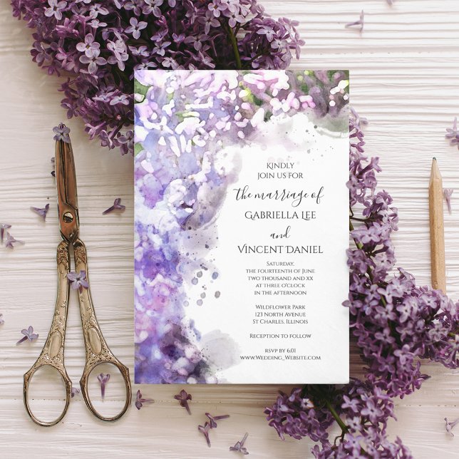 Convite Casamento de Aquarelas de Flores Liláticas Roxas (Criador carregado)