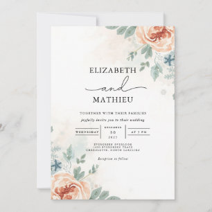 Convite Casamento De Aquarelas Florais De Pêssego Suave